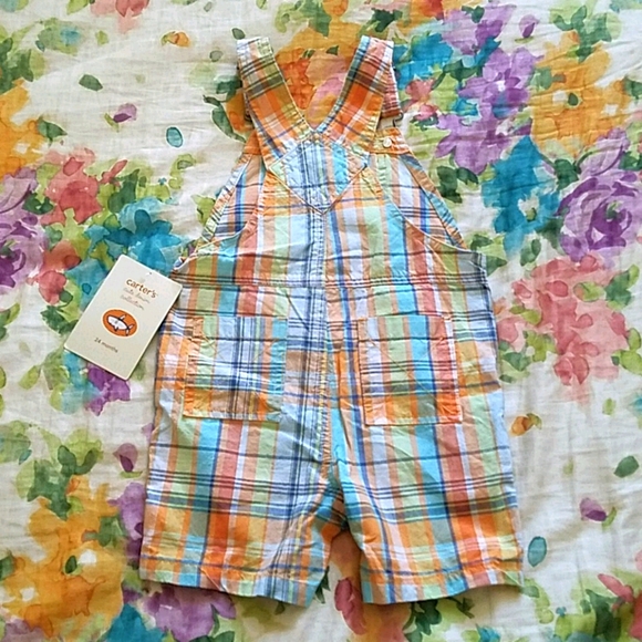 NWT Vintage Carter's Orange/blue plaid shark overalls. Baby's size 24 months. - Picture 2 of 5